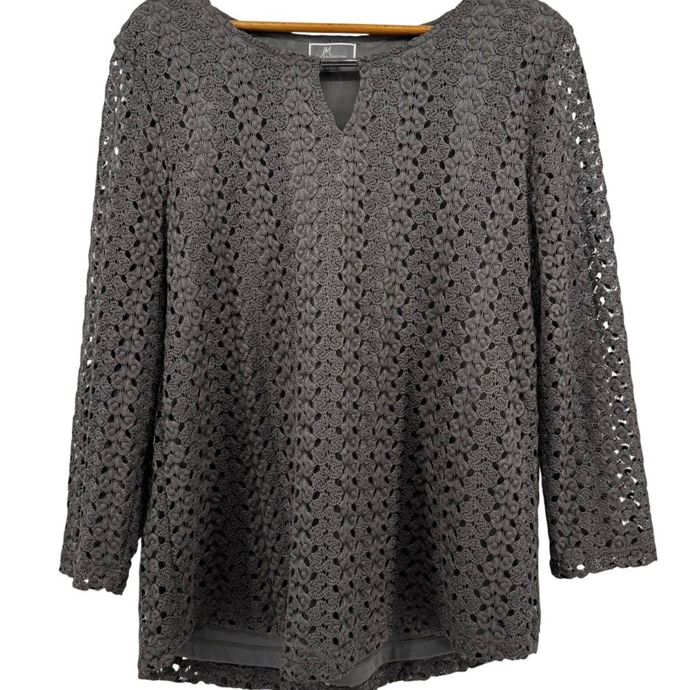 JM Collection Women XL Gray Crochet Lace Keyhole Neck 3/4 Sleeve Blouse Top Glam